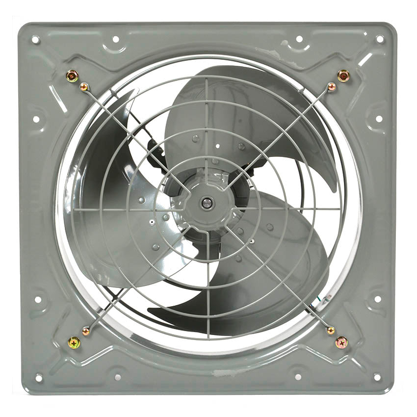 Exhaust fan with metallic blades and frame on a white background